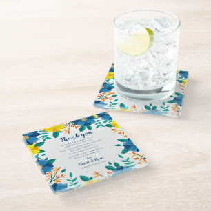 Chic Blue Yellow Floral Wedding Thank you Message Glass Coaster