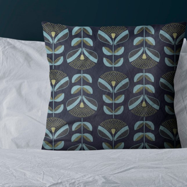 Chic Blues Golds Floral Pattern Throw Pillow (Creator Uploaded)