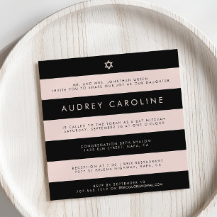 Chic Blush and Black Stripe Bat Mitzvah Invitation