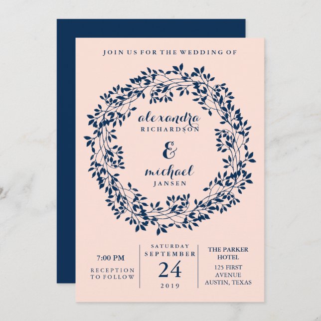 Chic Blush and Navy Botanical Wreath Wedding Invitation (Front/Back)