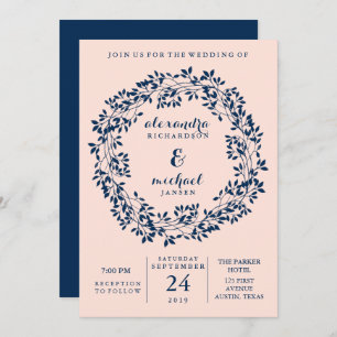 Chic Blush and Navy Botanical Wreath Wedding Invitation