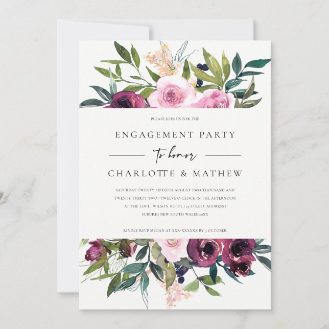 CHIC BLUSH BURGUNDY FLORAL BUNCH ENGAGEMENT PARTY INVITATION (Front)
