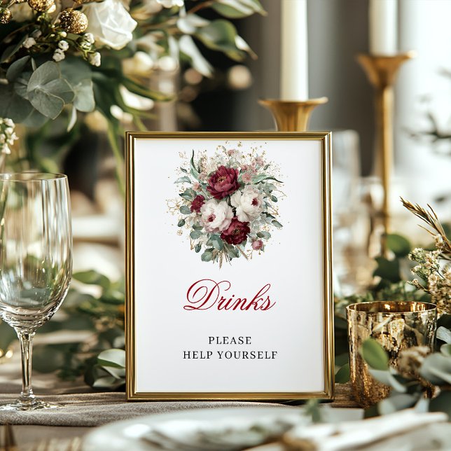 Chic Blush Burgundy Floral Drinks Tabletop Sign (Chic Blush Burgundy Floral Drinks Tabletop Sign)