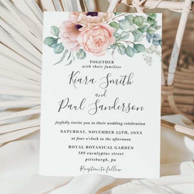 Chic Blush Dusty Pink Floral Eucalyptus Wedding Invitation (Creator Uploaded)