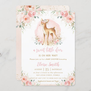 Chic Blush Floral Baby Deer Fawn Girl Baby Shower Invitation