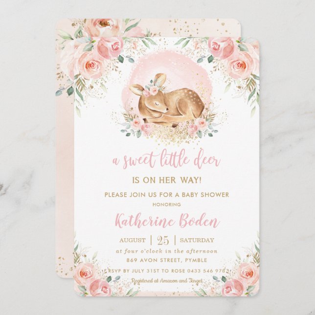 Chic Blush Floral Baby Deer Girl Baby Shower Invitation (Front/Back)