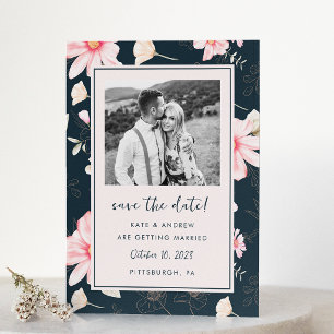 Chic Blush Floral Blue Wedding Photo Save the Date