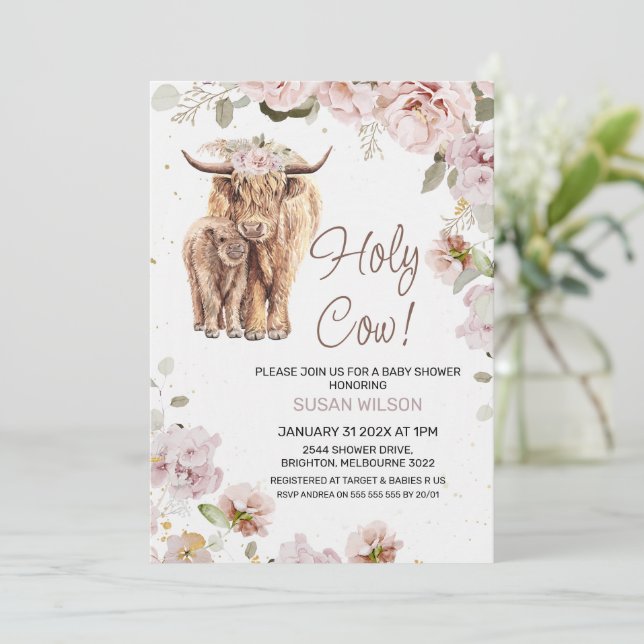 Chic Blush Floral Cow and Calf Baby Shower Invitation (Standing Front)