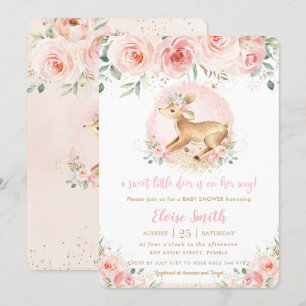 Chic Blush Floral Cute Baby Deer Girl Baby Shower Invitation