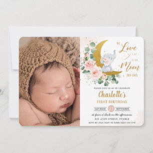 Chic Blush Floral Elephant 1st Birthday Moon Photo Invitation