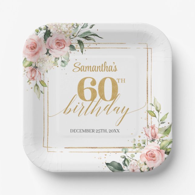 Chic blush floral eucalyptus gold 60th birthday paper plate (Front)