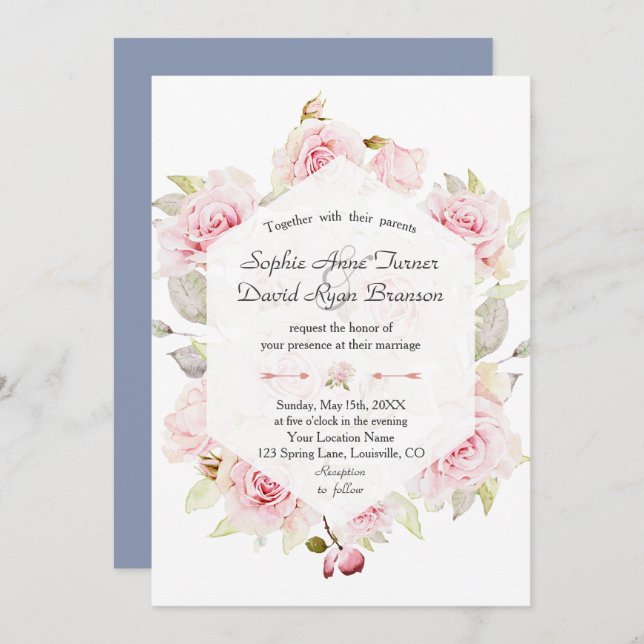 Chic Blush Floral Geometric Dusty Blue Wedding Invitation (Front/Back)