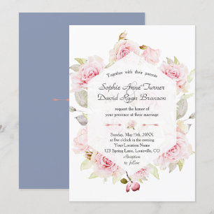 Chic Blush Floral Geometric Dusty Blue Wedding Invitation
