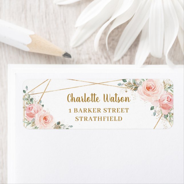 Chic Blush Floral Gold Geometric Return Address  Label (Insitu)