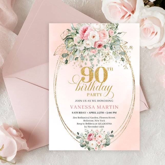 Chic Blush Floral Greenery 90th Birthday Invite (Chic Blush Floral Greenery 90th Birthday Invitation)