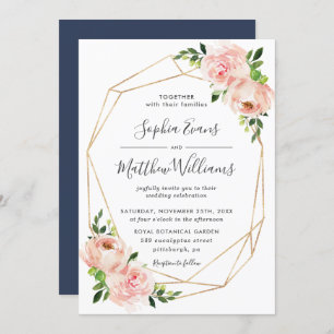 Chic Blush Floral Greenery Geometric Frame Wedding Invitation