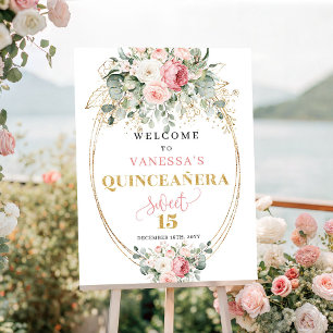 Chic Blush Floral Greenery Quinceañera Welcome Poster
