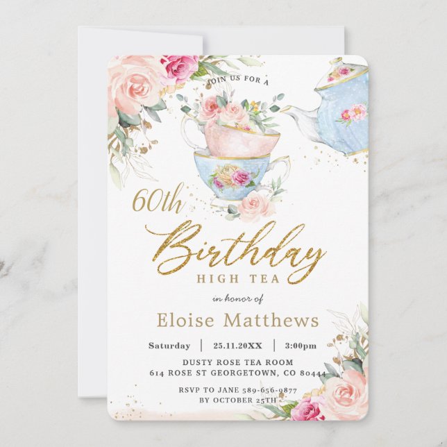 Chic Blush Floral High Tea 60th Birthday Party Invitation (Front)