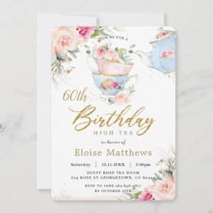 Chic Blush Floral High Tea 60th Birthday Party Invitation