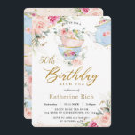 Chic Blush Floral High Tea Birthday Party ANY AGE  Invitation<br><div class="desc">Personalise this elegant tea party birthday invitation with your own wording easily and quickly, simply press the customise it button to further re-arrange and format the style and placement of the text.  This chic invitation features a pretty baby blue teapot, tea cups, beautiful watercolor blush pink roses and dainty green...</div>