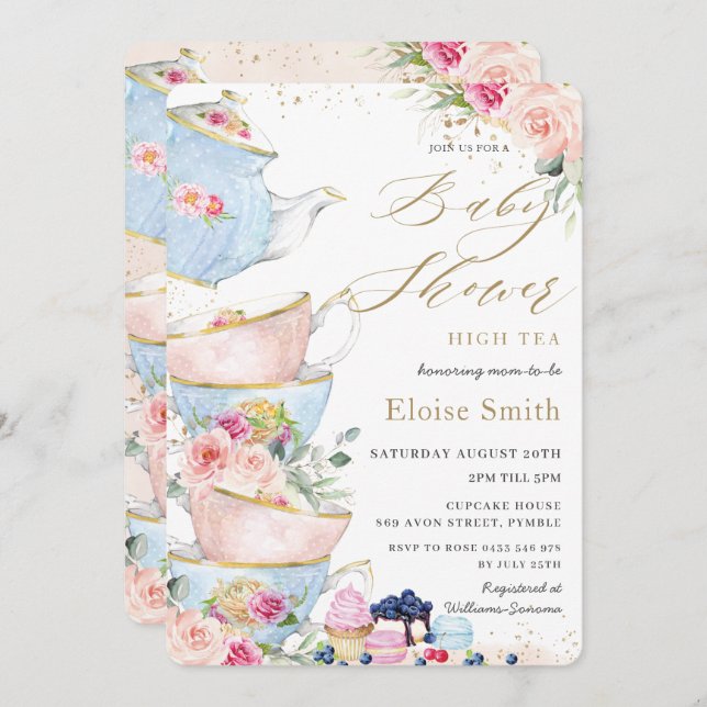 Chic Blush Floral High Tea Party Baby Shower   Invitation (Front/Back)