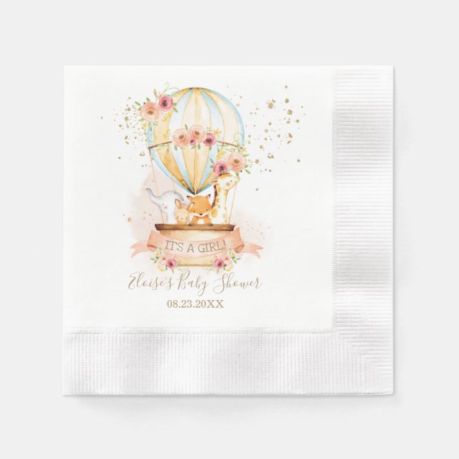 Chic Blush Floral Hot Air Balloon Baby Animals Napkin (Front)