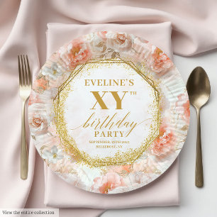 Chic Blush Floral Ivory Gold Birthday Paper Plates