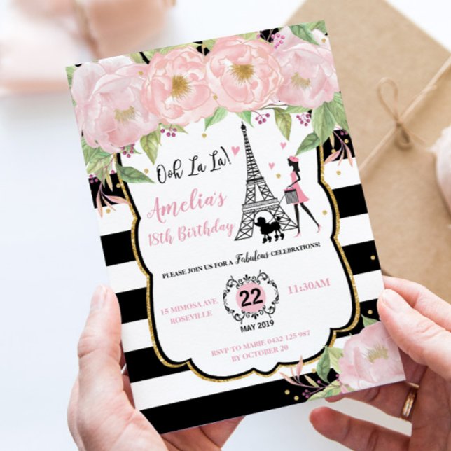 Chic Blush Floral Paris Birthday Eiffel Tower Invitation (Creator Uploaded)