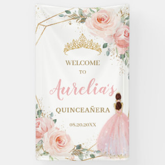 Chic Blush Floral Quinceañera Welcome Backdrop Banner