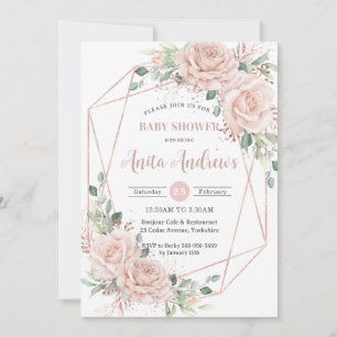 Chic Blush Floral Rose Gold Baby Shower QR Code  Invitation