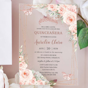 Chic Blush Floral Rose Gold Butterfly Quinceañera Acrylic Invitations