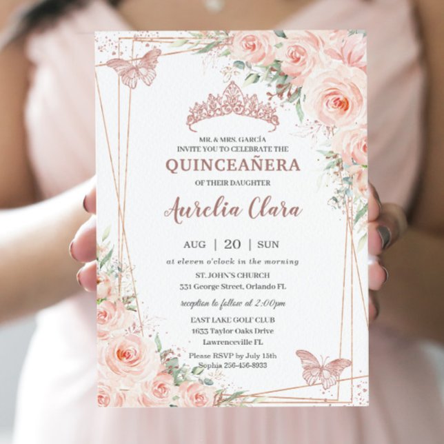 Chic Blush Floral Rose Gold Butterfly Quinceañera Invitation (Creator Uploaded)