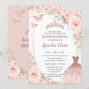 Chic Blush Floral Rose Gold Dress Gown Quinceañera Invitation