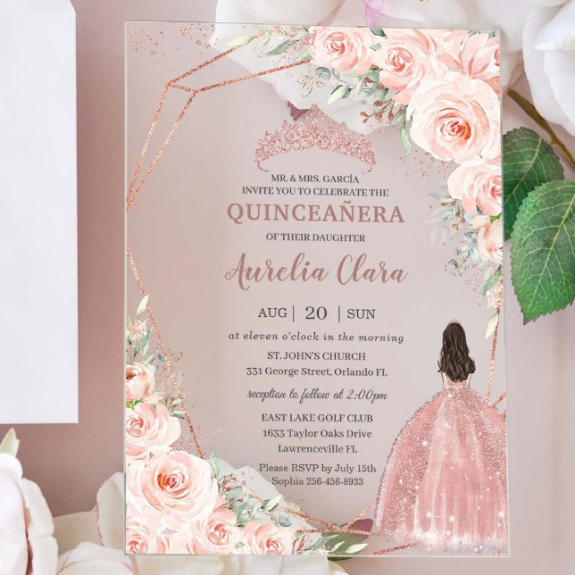 Chic Blush Floral Rose Gold Quinceañera Princess Acrylic Invitations (Creator Uploaded)