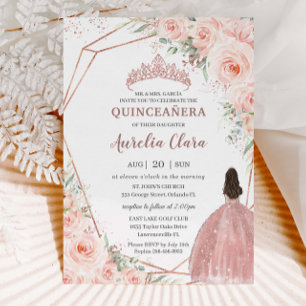 Chic Blush Floral Rose Gold Quinceañera Princess Invitation