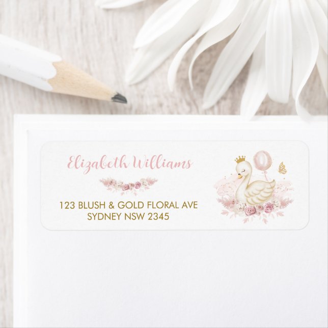 Chic Blush Floral Swan Princess Return Address Label (Insitu)