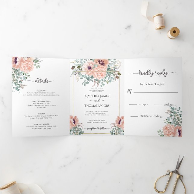 Chic Blush Floral Wedding Tri-Fold Invitation (Inside)