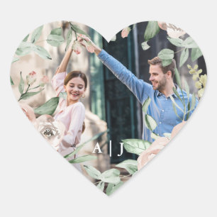 Chic Blush Floral with Monogram Photo Wedding Heart Sticker