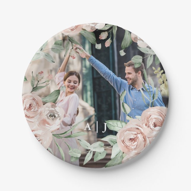 Chic Blush Floral with Monogram Photo Wedding Paper Plate (Front)