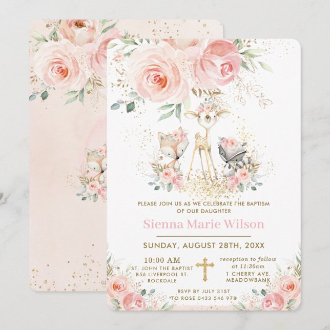 Chic Blush Floral Woodland Baptism Christening Invitation (Front/Back)