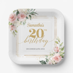 Chic blush flowers eucalyptus gold 20th birthday paper plate