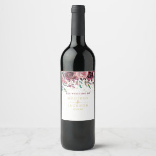 Chic Blush Flowers Stripes & Gold Wedding Monogram Wine Label
