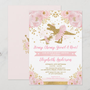 Chic Blush Gold Floral Dinosaur Girl Baby Shower Invitation