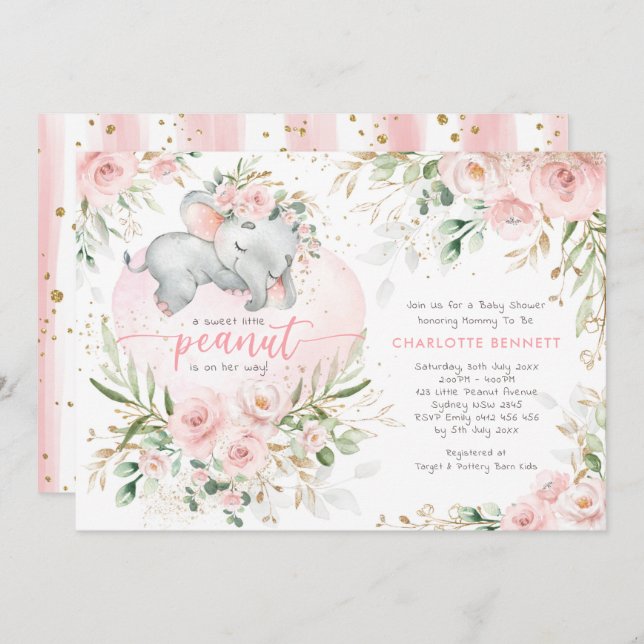 Chic Blush Gold Floral Elephant Girl Baby Shower Invitation (Front/Back)