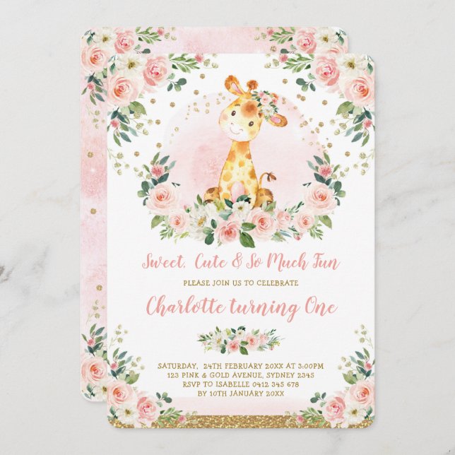 Chic Blush Gold Floral Giraffe 1st Birthday Party Invitation (Front/Back)