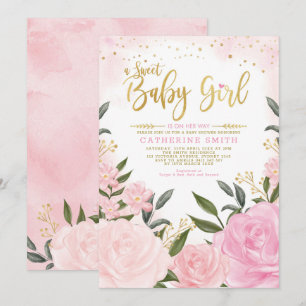 Chic Blush Gold Garden Floral Roses Baby Shower Invitation