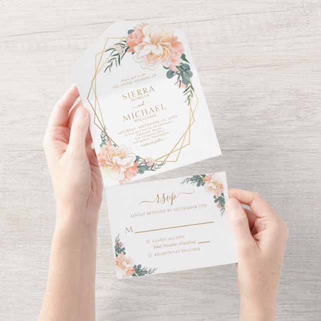 Chic Blush Gold Peach Mint Green Floral Wedding All In One Invitation (Tearaway)