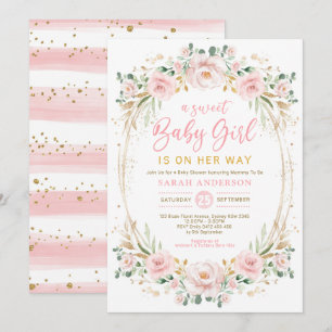 Chic Blush Gold Pink Floral Sweet Baby Girl Shower Invitation