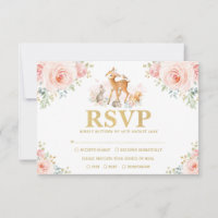 Chic Blush Gold Woodland Floral Baby Animals RSVP