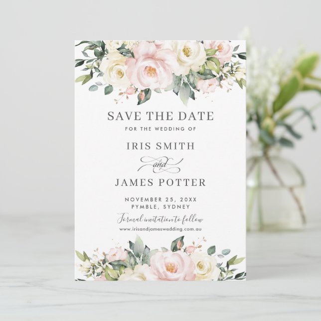 Chic Blush Ivory Floral Wedding Save the Date Card (Standing Front)